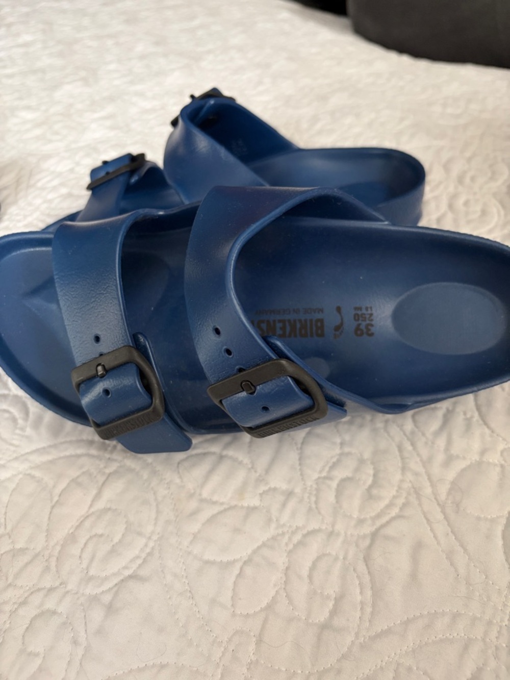 Birkenstock Blue EVA Arizona Slide Sandals with Black Buckles